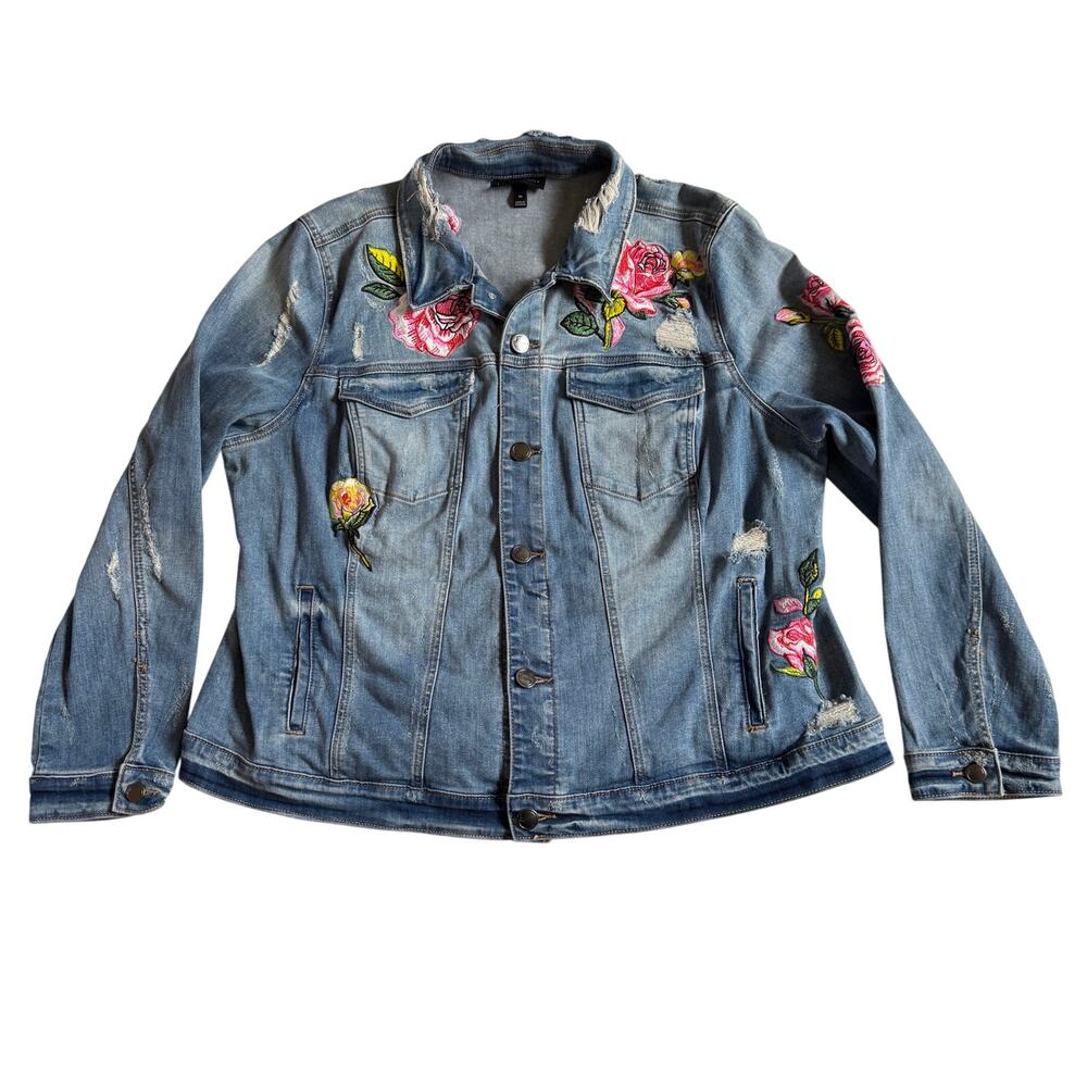 Lane Bryant Floral Embroidered Distressed Trucker Jean Jacket Sashiko Size 20 - Picture 4 of 15
